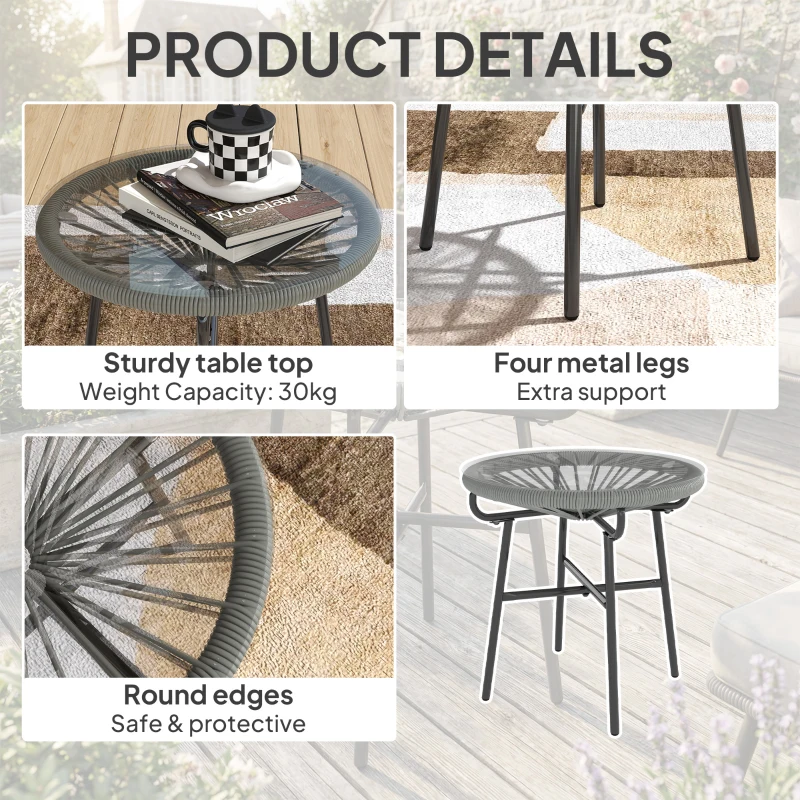 Outsunny Rattan Side Table, Round Outdoor Coffee Table, with Round PE Rattan and Tempered Glass Tabletop, Light Grey