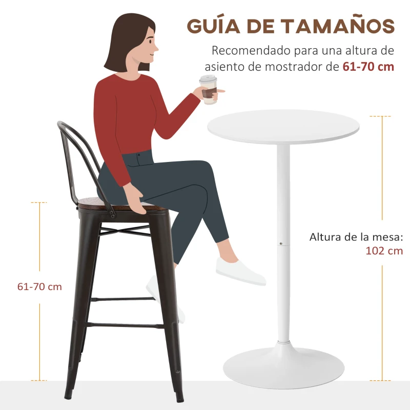 HOMCOM Mesa Alta de Bar Redonda Mesa de Cocina Moderna con Encimera Laminada y Marco de Acero para 2 Personas Ø60x102 cm Blanco