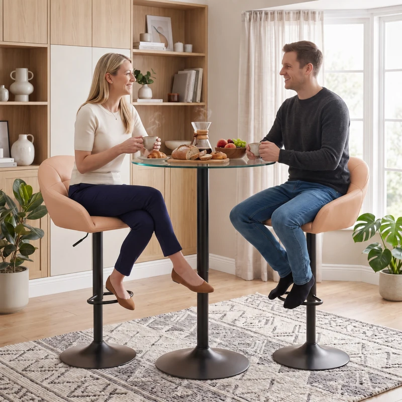 HOMCOM Set 2 Scaune de Bar din Piele Ecologică cu Spătar, Brațe și Înălțime Reglabilă, Maro