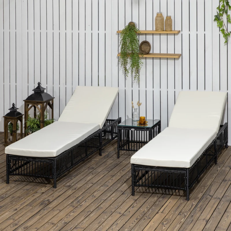 Outsunny Conjunto de 2 Tumbonas de Ratán con Mesa de Centro Respaldo Ajustable en 5 Niveles y Cojines 196x54x32 cm Negro