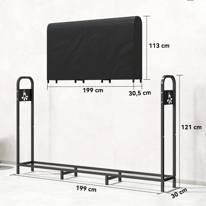 Outsunny Haardhoutrek Metaal 199 x 30 x 121 cm Brandhoutrek 0,6m³ met waterdichte hoes tot 300kg