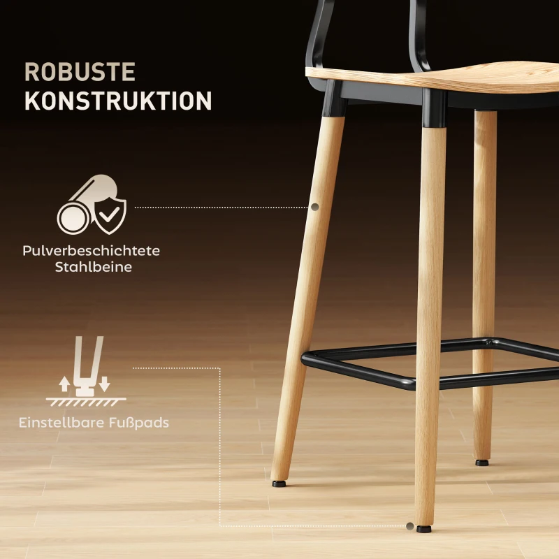 HOMCOM Set van 2 Barstoelen met Rugleuning, Voor Huisbar, Keukeneiland, Eetkamer, Hout, Metaal, Lichtbruin