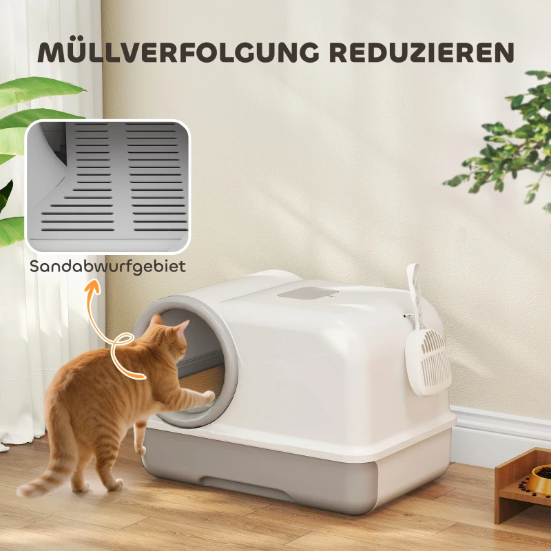 PawHut Kattenbak met deksel schep uittrekbare bak 2 actieve koolfilters voor katten tot 5 kg 59x39,5x39,5cm Wit+Grijs