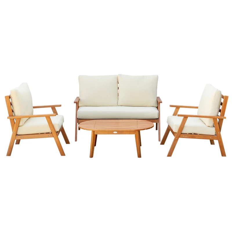 Outsunny Gartenmöbel-Set für 4 Personen Balkonmöbel-Set mit Sitzkissen, Couchtisch, Kiefernholz, Beige