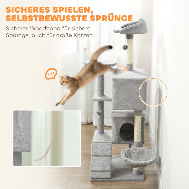 PawHut 160 cm kattenkrabpaal, meerdere niveaus, sisal-krabpalen, holen, pluche platforms, hangmat, ladder, speelballen
