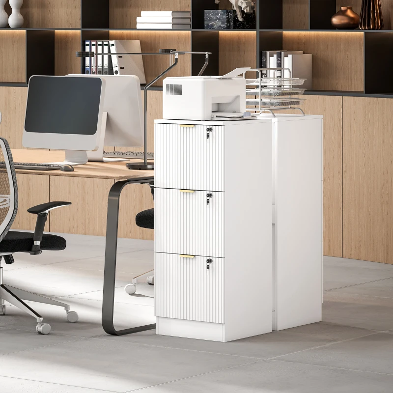 HOMCOM Filing Cabinet, Fluted Vertical File Cabinet with 3 Lockable Drawers and Hanging Rails, White