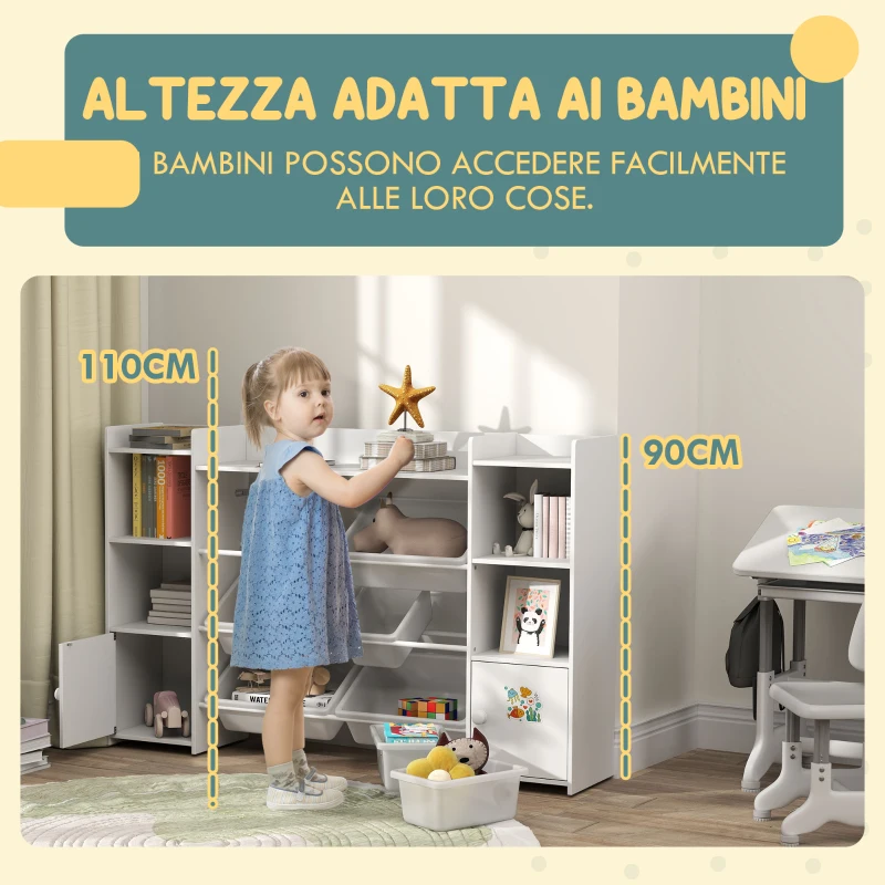 AIYAPLAY Scaffale Portagiochi per Bambini con 8 Contenitori Rimovibili e Armadietti, 140x30x90 cm, Bianco