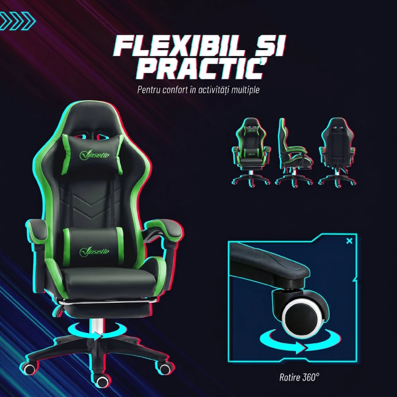 Vinsetto Scaun de Gaming cu Înălțime Reglabilă și Spătar Rabatabil, 65x65x121-129 cm, Negru și Verde