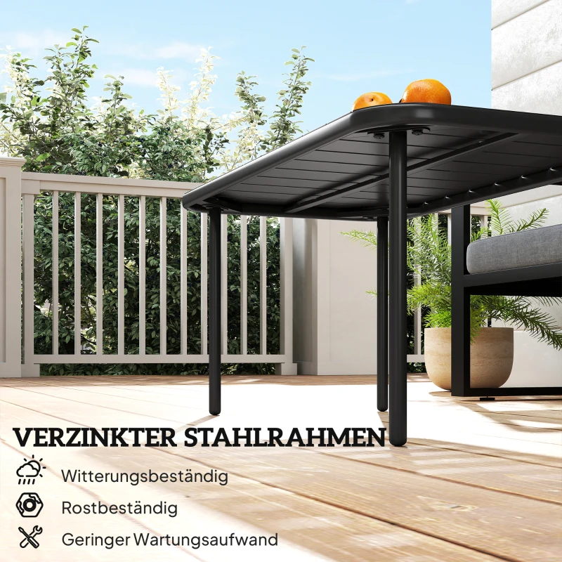 Outsunny Outdoor Salontafel, Weerbestendige Rechthoekige Metalen Tuintafel met Lamellen Tafelblad voor Buiten