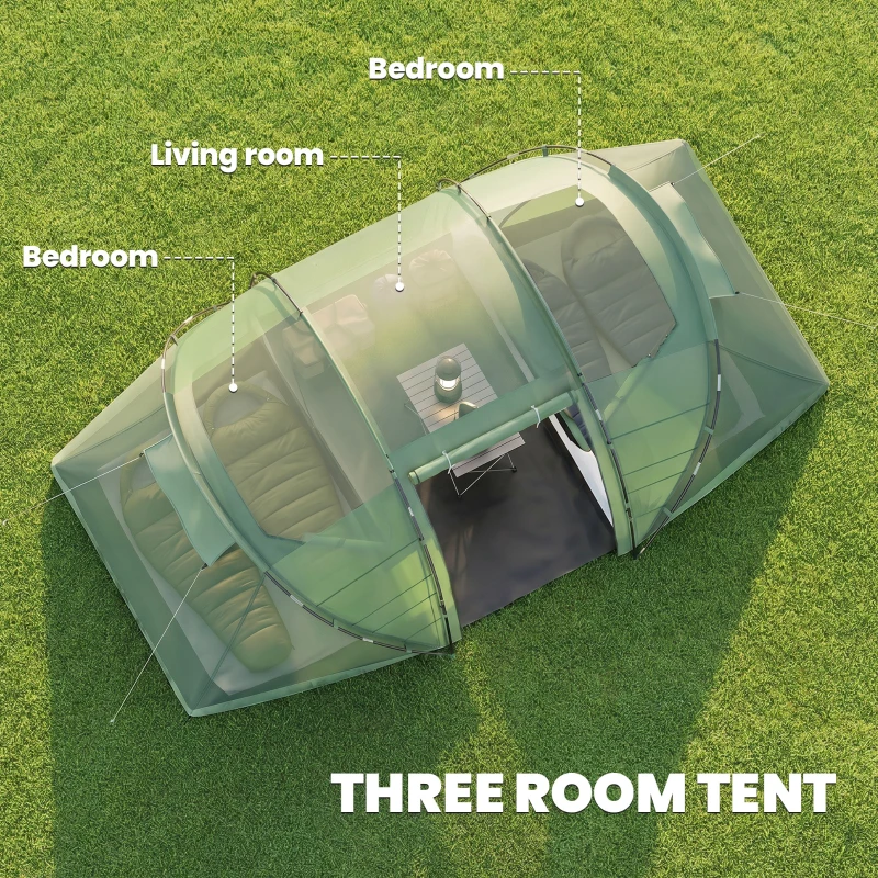Outsunny 4 Man Camping Tent, UV Protection Tunnel Tent with 2 Bedrooms and Living Area, Large Hiking Sun Shelter, 430 x 240 x 170 cm, Dark Green