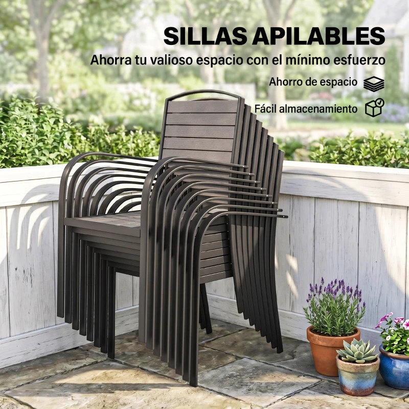 Outsunny Conjunto de Mesa y Sillas Jardín con Mesa Extensible Marco de Aluminio 8 Sillas y Tablero de Lamas de Madera Plástica