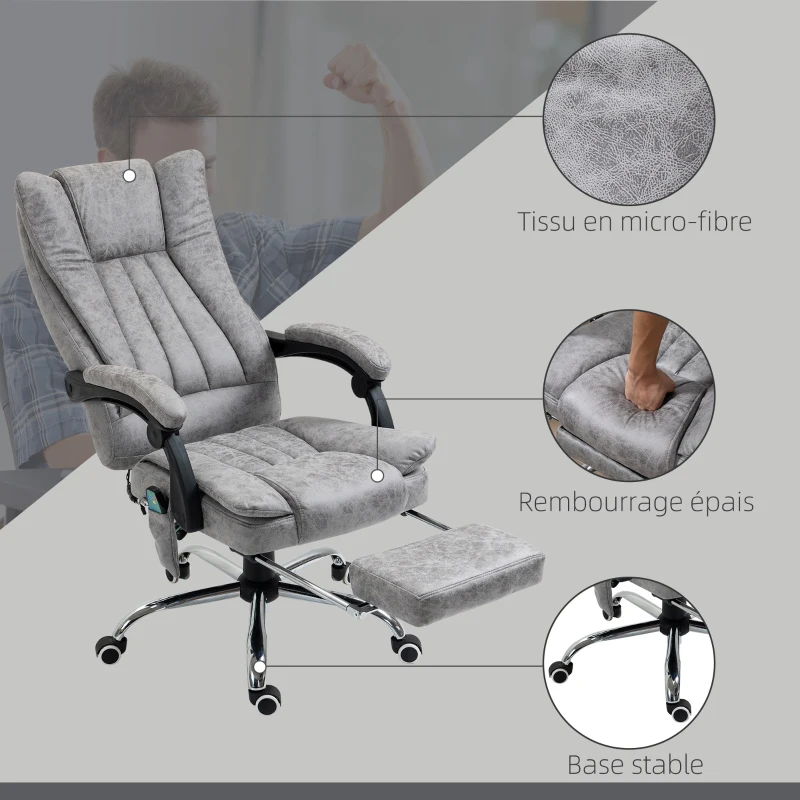 Vinsetto Fauteuil de bureau massant et chauffant, chaise de bureau, chaise ergonomique avec hauteur réglable, dossier inclinable, repose-pied et télécommande filaire, pivotant à 360°, gris