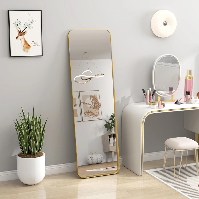 HOMCOM Volledige Lengte Spiegel, Vrijstaand, Kantelbaar, Metalen Frame, MDF, 160 x 50 cm, Goudkleur
