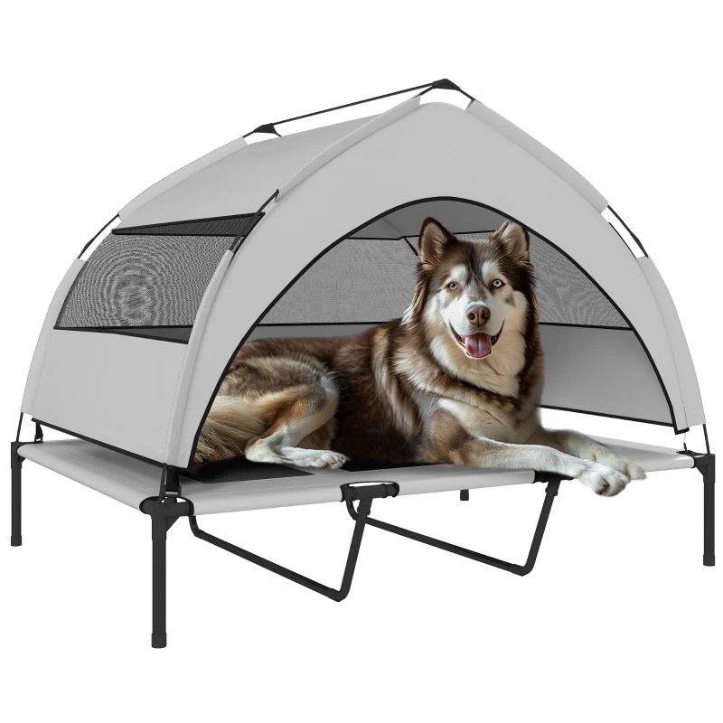 PawHut Hondenbed Outdoor met Dak, Verhoogd Hondenbed voor Extra Grote Honden, met Stalen Frame, 122x92x94cm, Lichtgrijs
