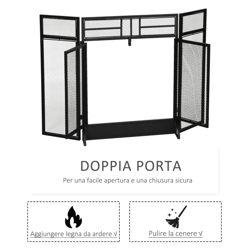 HOMCOM Parascintille Pieghevole a 3 Pannelli con Doppia Porta in Metallo, 120x11.5x79 cm, Nero