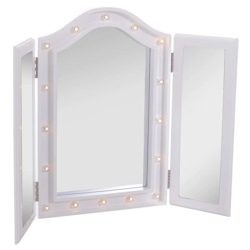 HOMCOM Espejo de Maquillaje con Luz LED Plegable Espejo Triple de Mesa Regalo Original para Mujer Cargo con Batería Espejo Cosmético con Iluminación 73x53.5x4.5cm