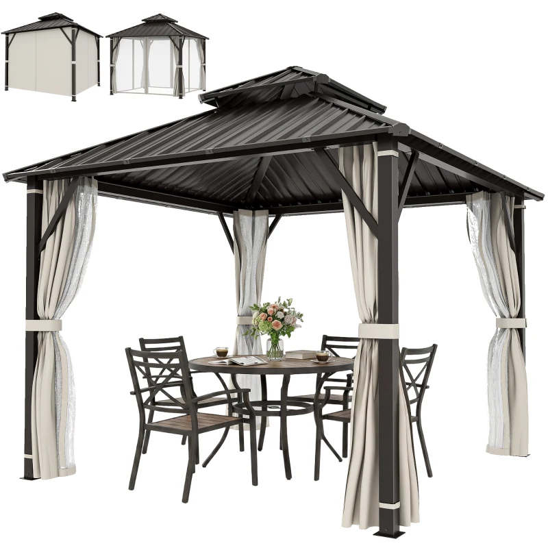 Outsunny 3 x 3(m) Hardtop Gazebo Canopy with Double Metal Roof, Waterproof Permanent Pavilion Garden Gazebo with Netting and Curtains, Easy to Assemble, Beige