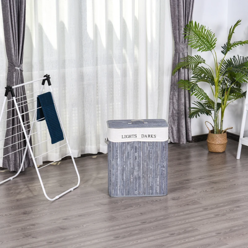 HOMCOM Bambus Wäschekorb mit Deckel 100 L Wäschesammler mit PU-Griffen, Wäschesack aus Segeltuch, Laundry Baskets Wäschesortierer für Waschküche Schlafzimmer Badezimmer Grau