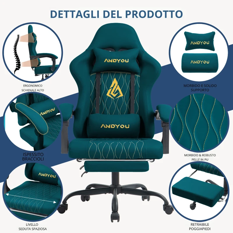 Sedia da gaming con poggiapiedi, morbido cuscino per collo e zona lombare, cuscini di supporto rimovibili, 60x60x122 cm, Blu marino