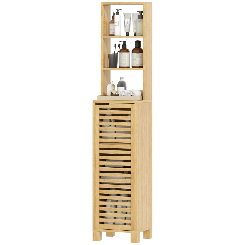 HOMCOM Smalle badkamerkast, hoge kast met 3 open planken, verstelbare planken, lamellendeur, 34 x 30 x 170 cm Naturel