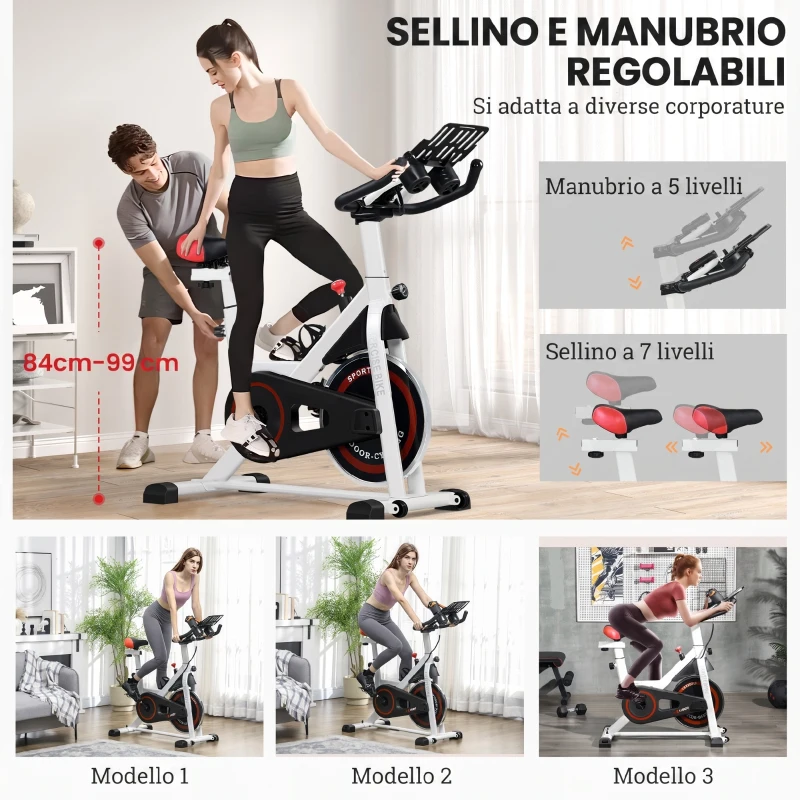 HOMCOM Cyclette Professionale, Bici da Spinning,Cyclette da Camera Regolabile con Schermo LCD e Portabicchieri, Volano 8kg, Bianco
