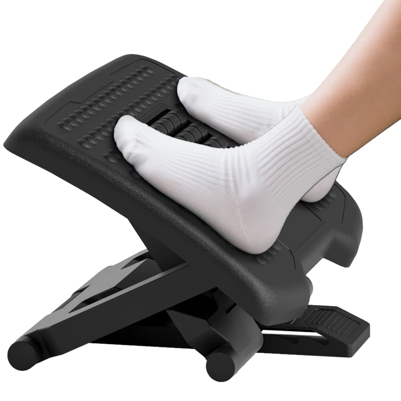 HOMCOM Ergonomische Voetensteun, Hoogteverstelbaar, Massage Oppervlak met Rollen, Zwart, 46 x 35 cm