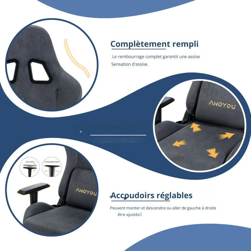 Chaise gaming avec repose-pieds, simili-suède respirant, réglable en hauteur avec vérin à gaz, pivotante, 70x70x135 cm, Gris