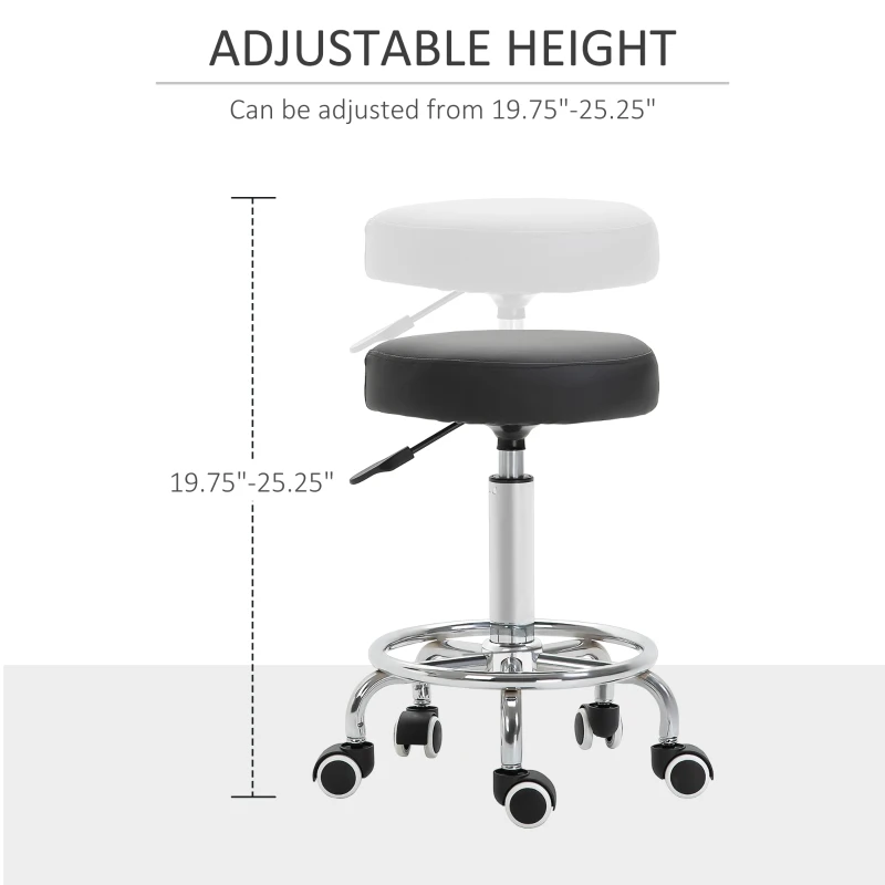 Vinsetto Round Rolling Stool, PU Leather Height Adjustable Stool Chair with Wheels and Swivel Seat for Salon, Massage, Spa, Home Kitchen, Black