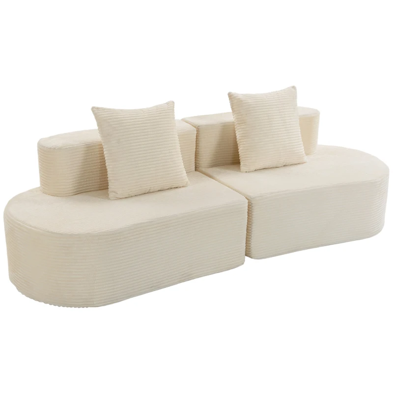 HOMCOM Canapea 3 locuri curbată, catifea cu nervuri 245cm, canapea living, șezut adânc, 2 perne, livrat comprimat, crem