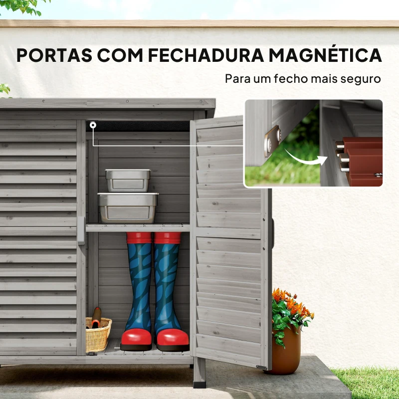 Outsunny Armário de Armazenamento de Madeira para Jardim com 2 Prateleiras Interiores 2 Portas e Teto Inclinado para Exterior Terraço 87x46,5x96,5cm Cinza