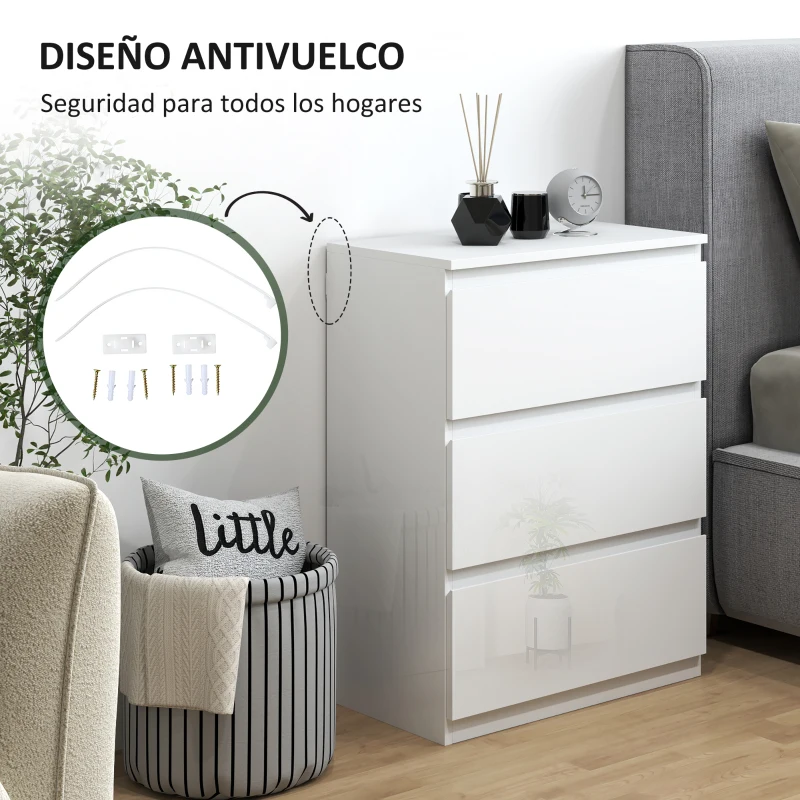 HOMCOM Cómoda con 3 Cajones Cómoda de Dormitorio Moderno con Diseño Anti-vuelco 55x34x75 cm Blanco Brillo