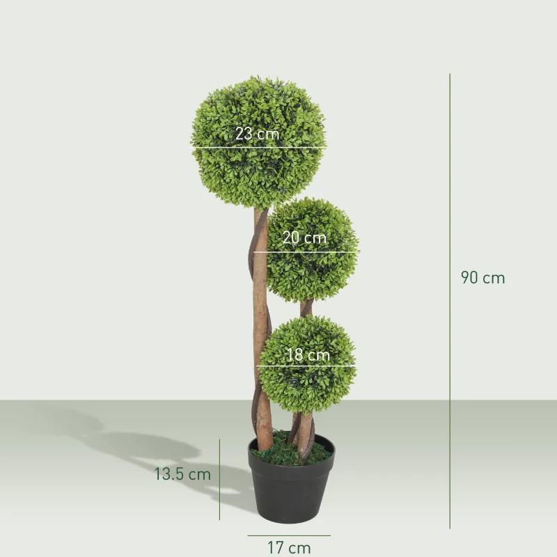 HOMCOM Set 2 Plante Artificiale de Buxus cu 3 Sfere, cu Ghiveci și Fund Întărit, Înălțime 90 cm, pentru Interior și Exterior