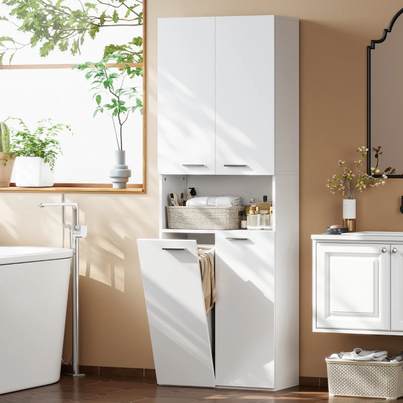 HOMCOM Mobile da Bagno a 2 Ante con Cesto Portabiancheria a Ribalta e Ripiano Aperto, 60x30x174 cm, in Legno, Bianco