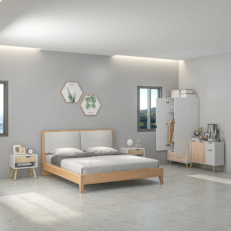 HOMCOM Bedroom Furniture Set, Wardrobe with Hanging Rod, Side Cabinet with Wood Legs, Bedside Table with Drawer, Nature Wood Finish and White