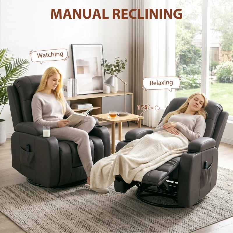 HOMCOM PU Leather Recliner Chair, Recliner Armchair with Extended Footrest, Cup Holders and Side Pockets, Dark Brown