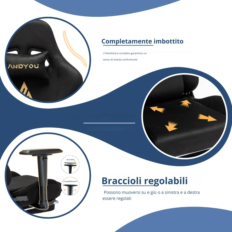 Sedia da gaming con poggiapiedi, in similpelle scamosciata traspirante, regolabile in altezza con pistone a gas, girevole, 70x70x135 cm, Nero