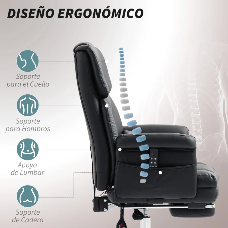 HOMCOM Silla de Oficina con 6 Puntos de Masaje Reposapiés Retráctil Altura Ajustable Control Remoto y Soporte Lumbar Negro
