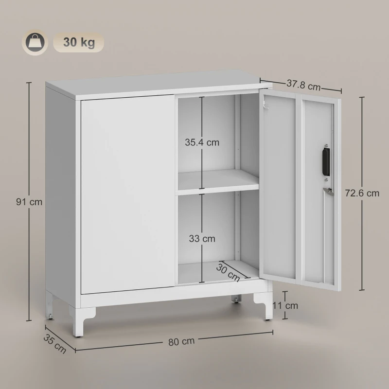 HOMCOM Lockable Metal Filing Cabinet, 2-Tier Storage Cupboard with Double Doors, Modern Office Organiser, White