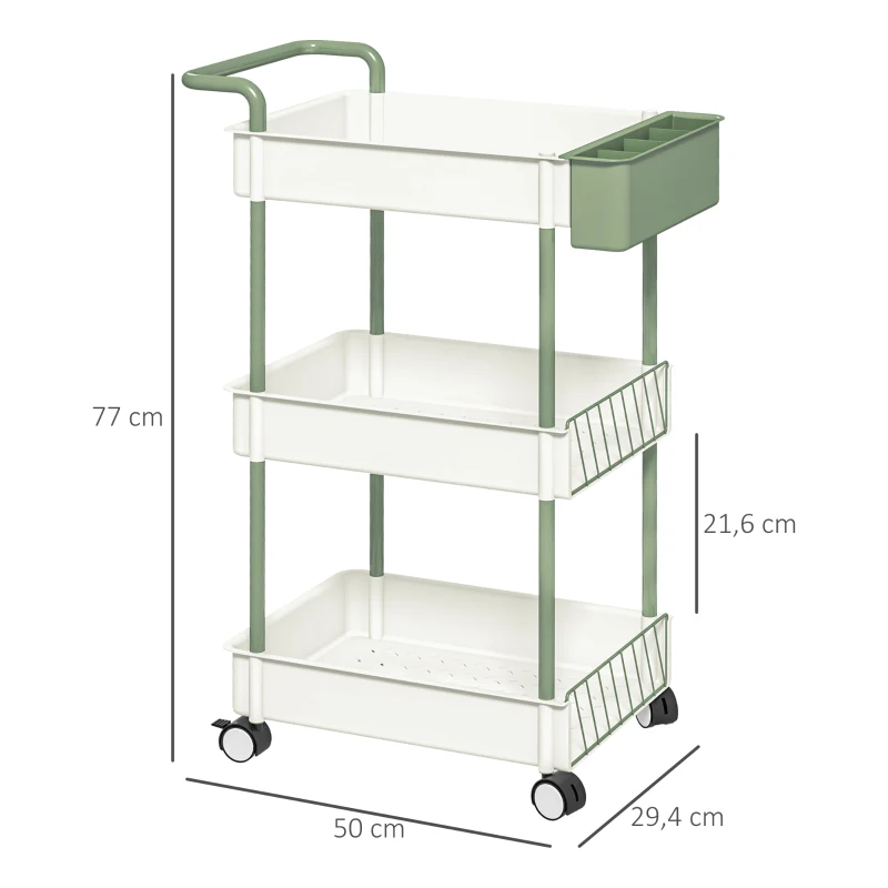 HOMCOM Trolley, 3 verdiepingen, hangmand, duwhandgreep, 4 wielen, metalen frame, wit, 50 x 29,4 x 77 cm
