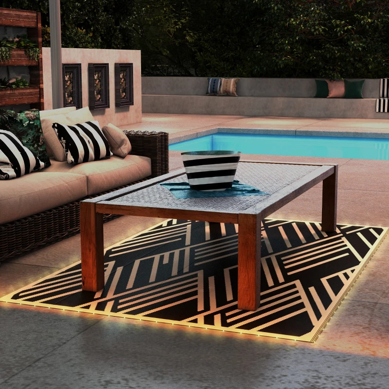 Outsunny Plastic Straw Reversible RV Outdoor Rug with LED String Light, 182 x 274cm, Black and Coffee