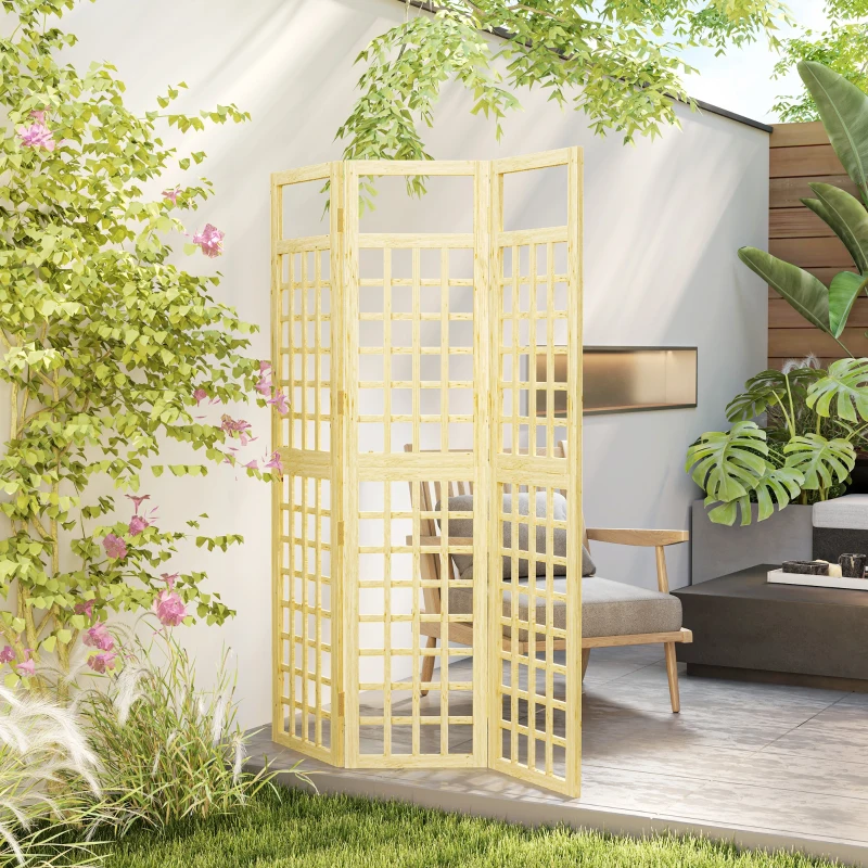 Outsunny 3-Panel Garden Privacy Screen, Freestanding Foldable Wooden Outdoor Divider/Trellis, Decorative Privacy Screen for Garden Patio, 120 x 170 cm, Natural Wood Finish