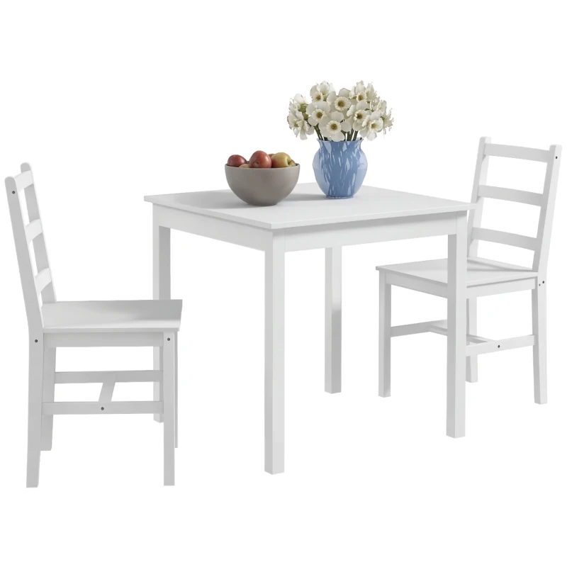 HOMCOM 3-delig Eettafelset Eetgroep Tafel met Stoelen, Grenenhout, Wit