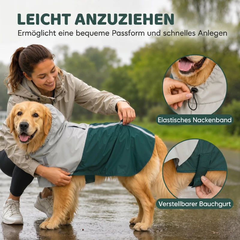 PawHut Impermeável para Cães com Capuz Verde L com Bandas Refletoras e Abertura para Trela Cães Grandes 20–30 kg, Verde