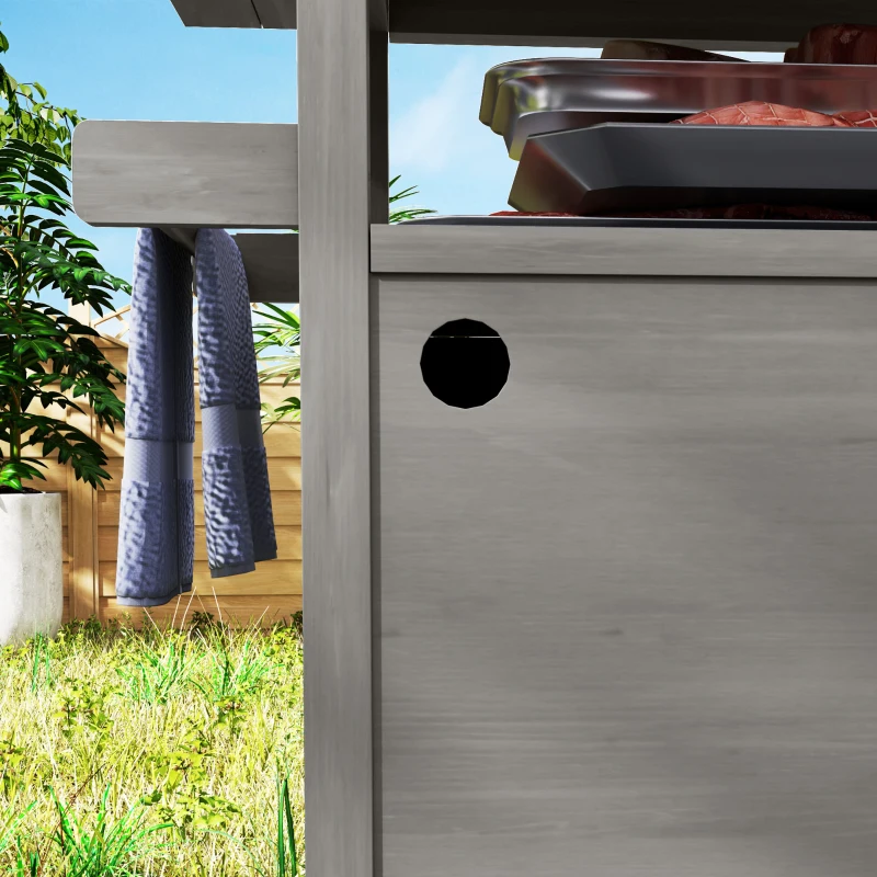 Outsunny Buitenkeukeneiland, Grillwagen met Kast en Rekken, Houten en Roestvrij Stalen Keukenwagen met Wielen, Grijs