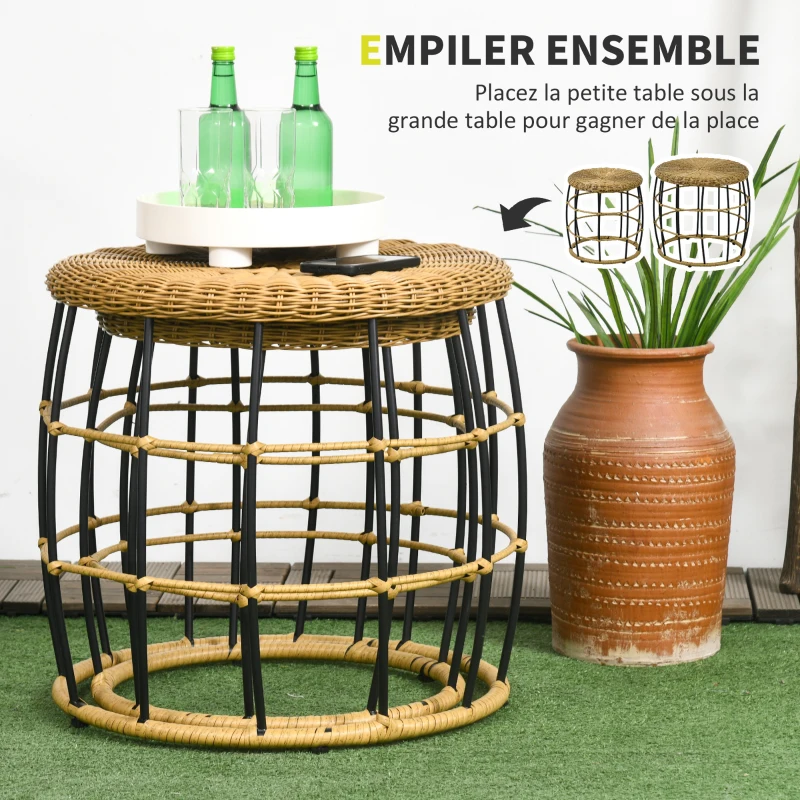 Outsunny Lot de 2 tables basses gigognes de jardin table d'appoint ronde encastrables résine tressée imitation rotin kaki foncé