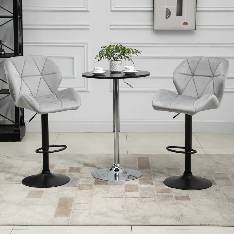HOMCOM Bar Stools Set Of 2, Luxurious Velvet-Touch Barstools with Metal Frame Footrest Round Base Triangle Indenting Moulded Seat Adjustable Height Swivel Light Grey