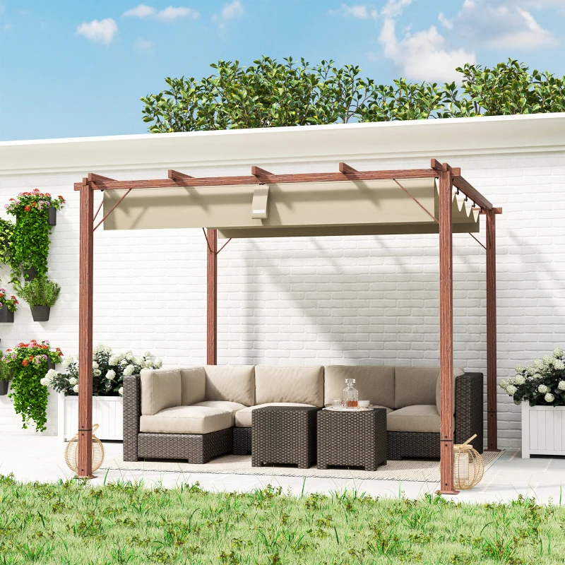 Outsunny 3 x 3 m Tuin-Pergola, Verstelbaar Terrasdak, Aluminium Frame, UPF30+ Zonbescherming, Natuurlijk Hout