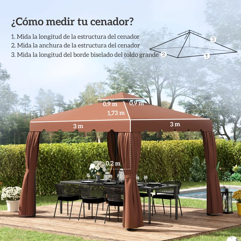 Outsunny Techo de Repuesto para Cenador 3x3 m Cubierta de Repuesto con Techo Doble y 8 Orificios de Drenaje Café