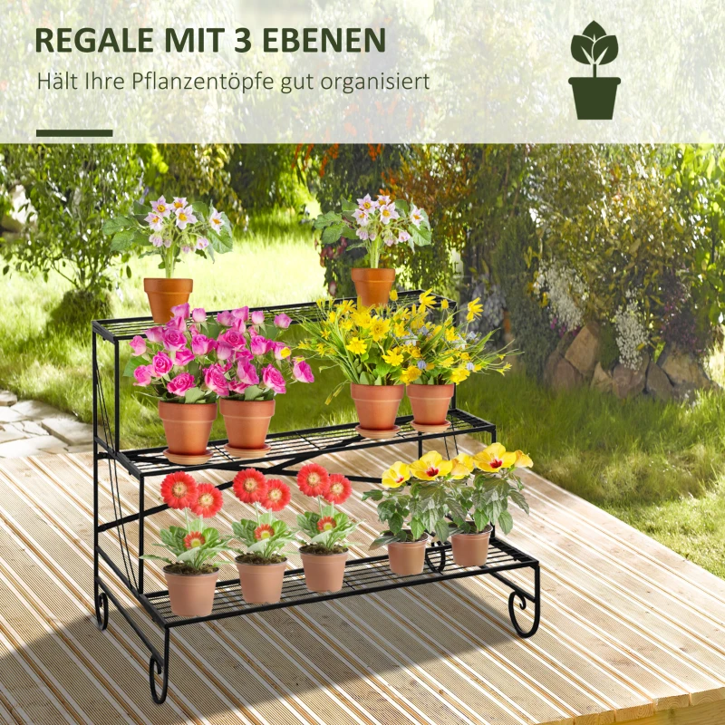 Outsunny metalen bloemenrek 3-laags plantenplank bloementrappen bloemenstandaard voor binnen en buiten tuinbalkon zwart 95 x 63 x 72 cm