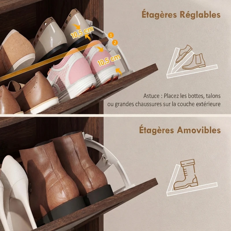 HOMCOM Meuble à Chaussures 16 Paires, 2 Tiroirs, Portes en Rotin et Étagères Réglables, 80x23,7x99,5cm, Marron Foncé